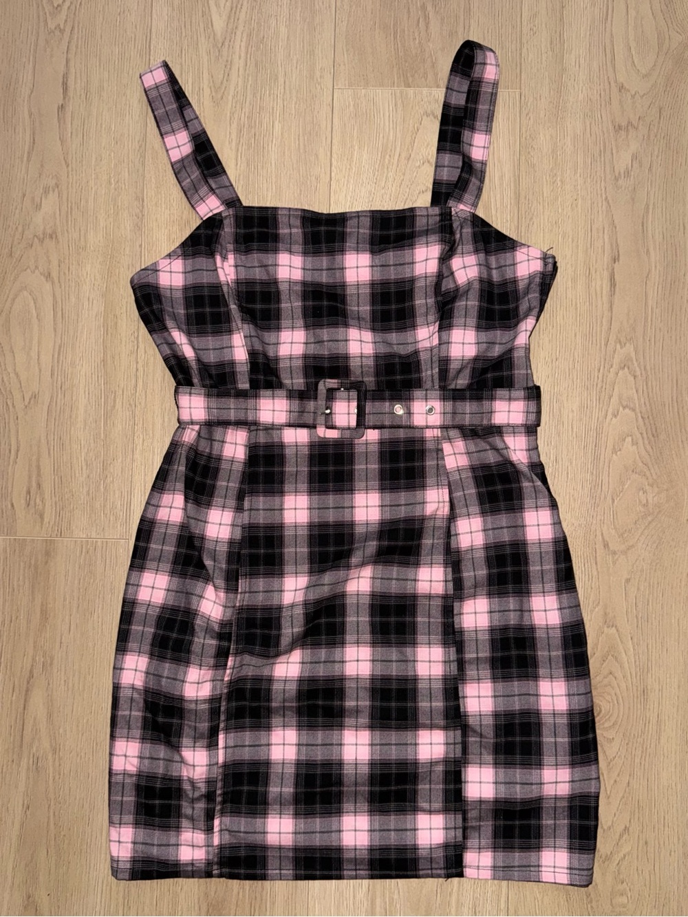 Divided H&M Pink and Black Plaid Mini Dress‎ with Belt